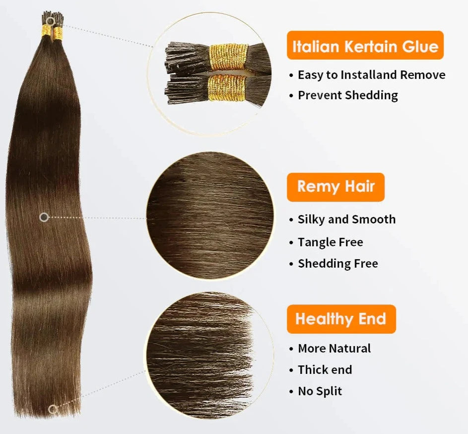 I Tip Hair Extensions Natural Remy Human Hair (#8 Light Brown)