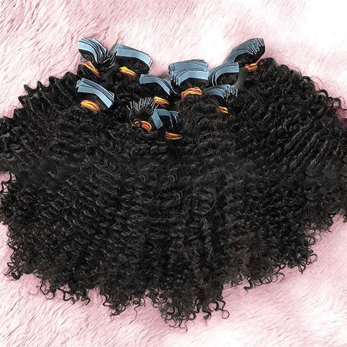 Afro-textured Kinky Curly Tape In Remy Hair Extensions #1B Natural Black