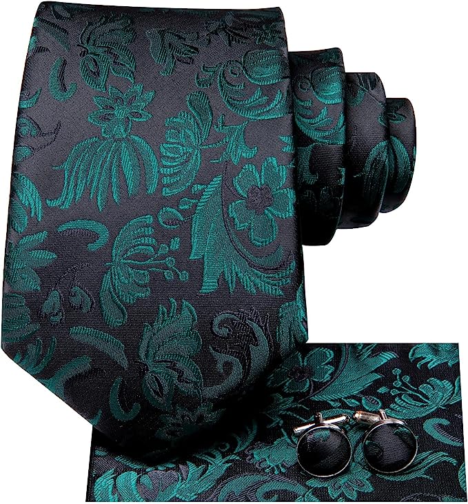 Men’s Silk Coordinated Tie Set - Black Green Floral
