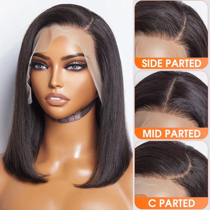 12 Inches 13x4 #1B Straight Lifting Bang Side Part Lace Frontal Wig-100% Human Hair