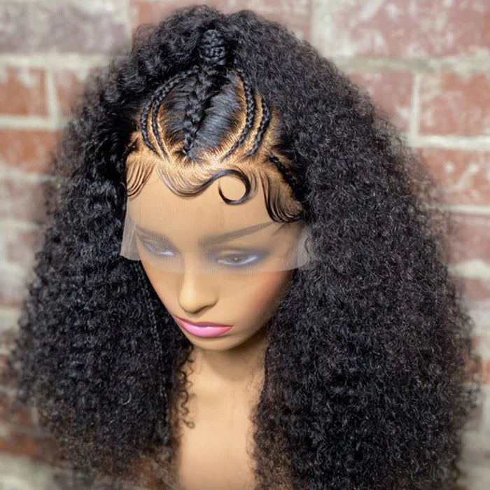 6/18/20 Inches Afro Poofy Curly Style with Special Braids 13x6 Lace Frontal Wig with Ponytail 250% Density-100% Human Hair