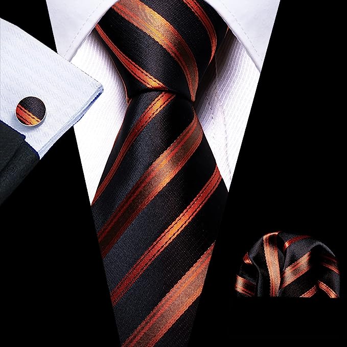 Men’s Silk Coordinated Tie Set - Orange Black Stri[pe