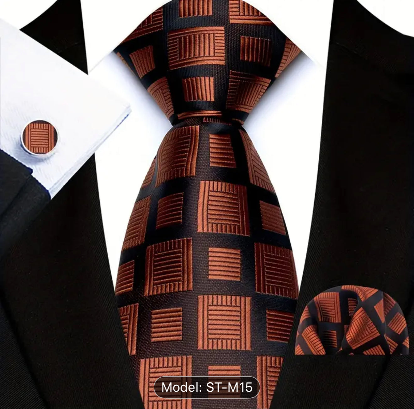 Men’s Silk Coordinated Tie Set - Brown and Black Squared