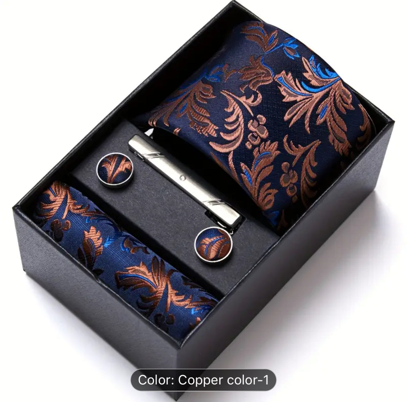 Men’s Silk Coordinated Tie Set w/Box - Copper Blue Paisley (1)