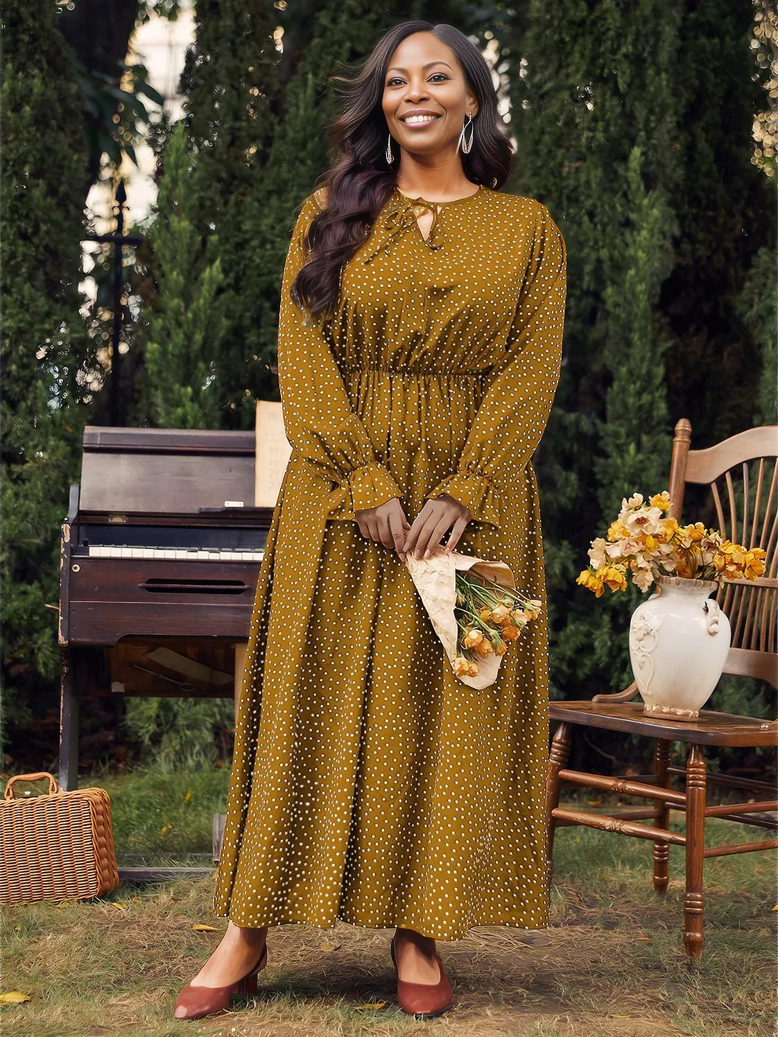 Plus Size Ruffled Polka Dot Long Sleeve Midi Dress - Three Color Choices