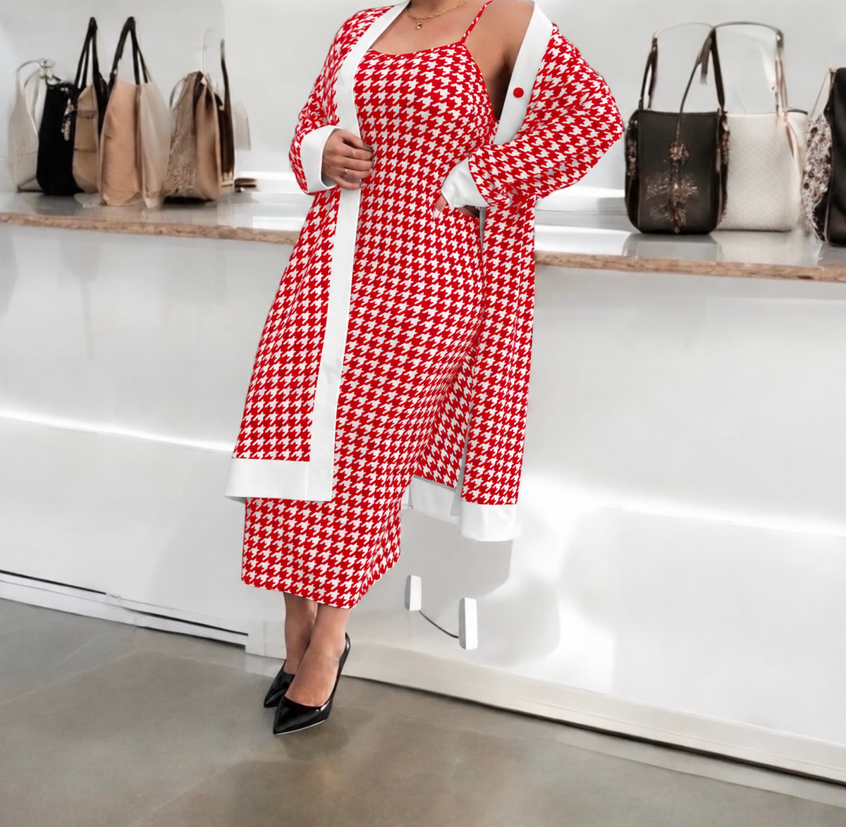 Classic Houndstooth Knit Cardigan & Dress Set - White/Red, 3X (US 18)