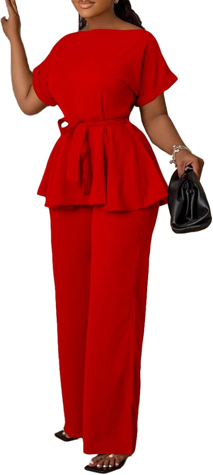 Ekaliy Women's 2-Piece Pants Set Peplum Top High Waisted Flared Pants, 2X (US 20)