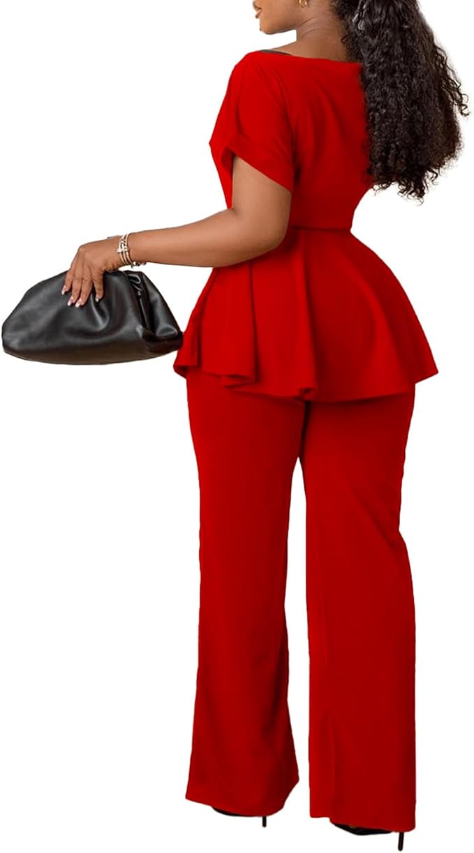 Ekaliy Women's 2-Piece Pants Set Peplum Top High Waisted Flared Pants, 2X (US 20)