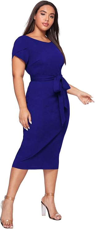 Women's Plus Size Elegant Short Cap Sleeve Self Belted Stretchy Bodycon Pencil Dress Royal Blue, 3X
