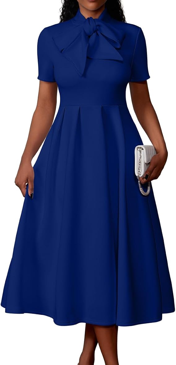 Memoriesea Women's Elegant Casual Short Sleeve Work Party A-Line Dress with Pockets, Royal Blue (Large US 12/14)