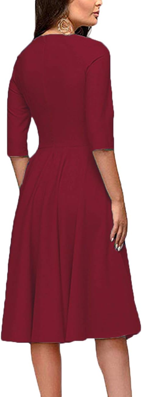 Audrey Hepburn Style Ruched 3/4 Sleeve Midi A-line Dress, Red