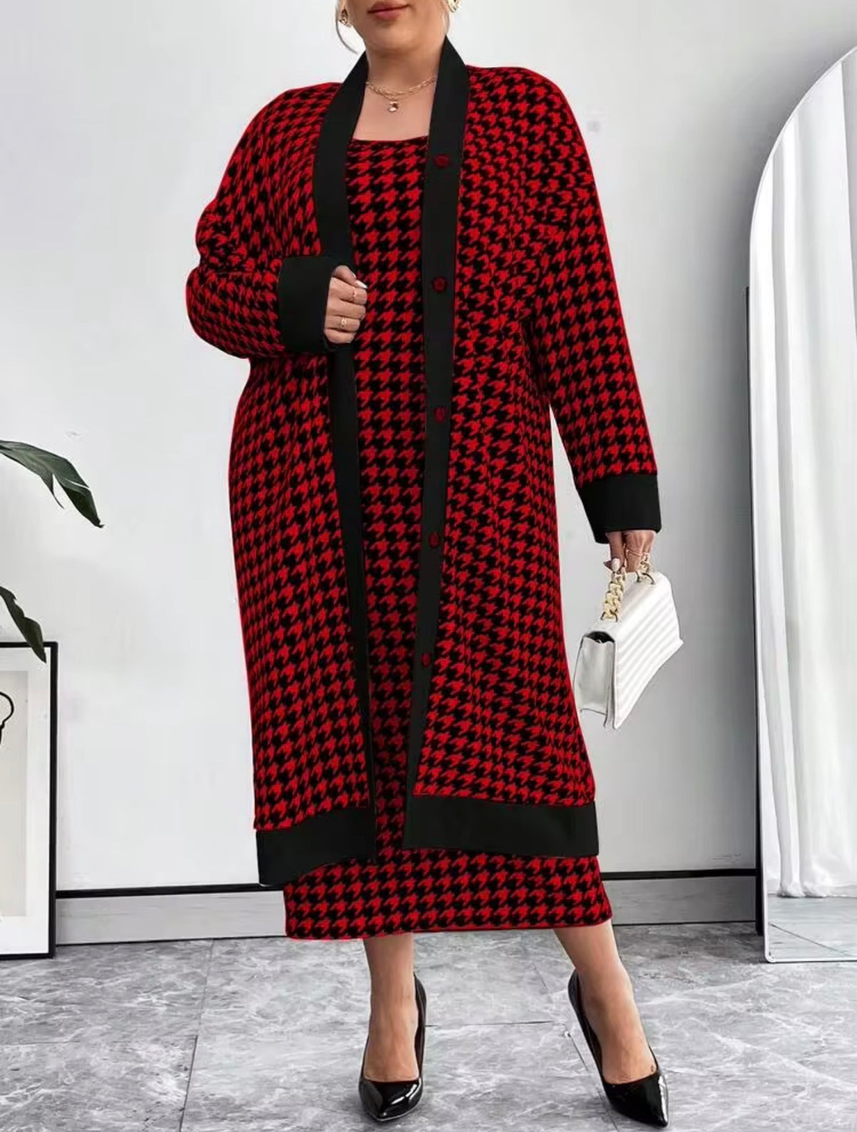 Classic Houndstooth Knit Cardigan & Dress Set - Black/Red, 3X (US 18)