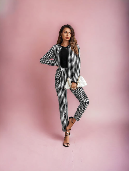 Houndstooth Print Two-Piece Set, Open Front Jacket & Pants (US Sizes 4 - 20)