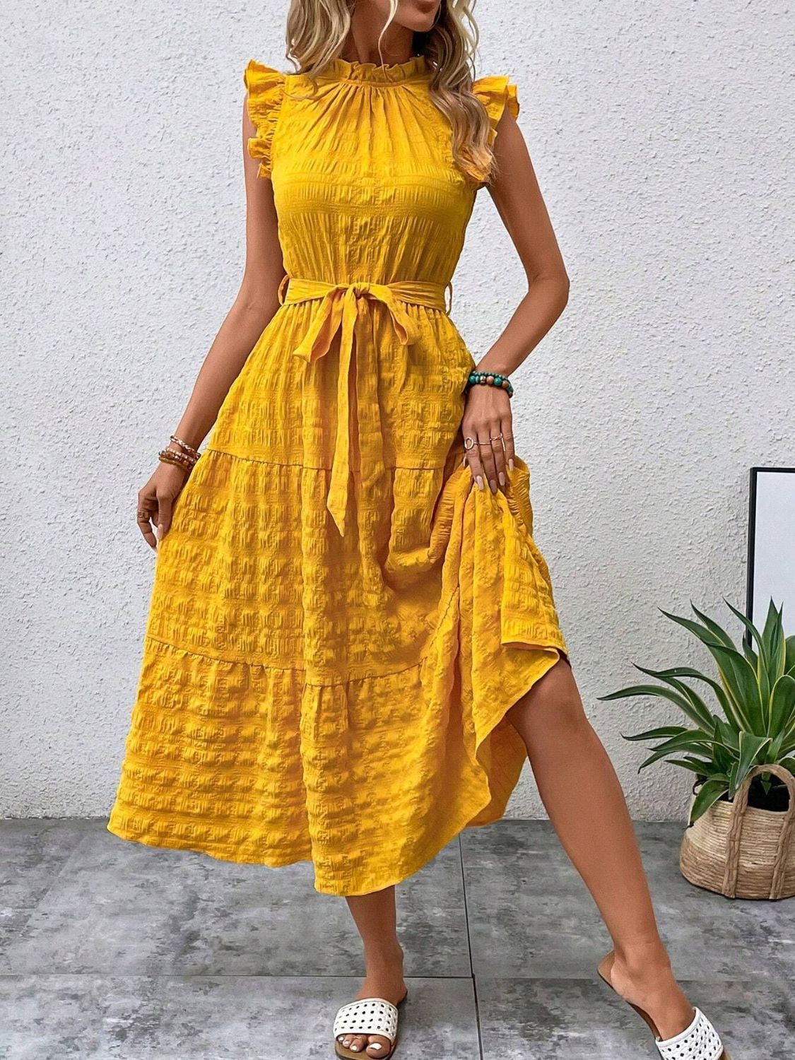 Tied Ruffled Cap Sleeve Midi Dress - 7 color choices