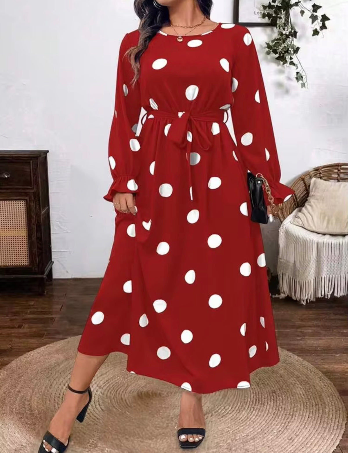 Polka Dot Tie-Waist Long Sleeve Maxi Dress - Red, Size 2X (US 16)