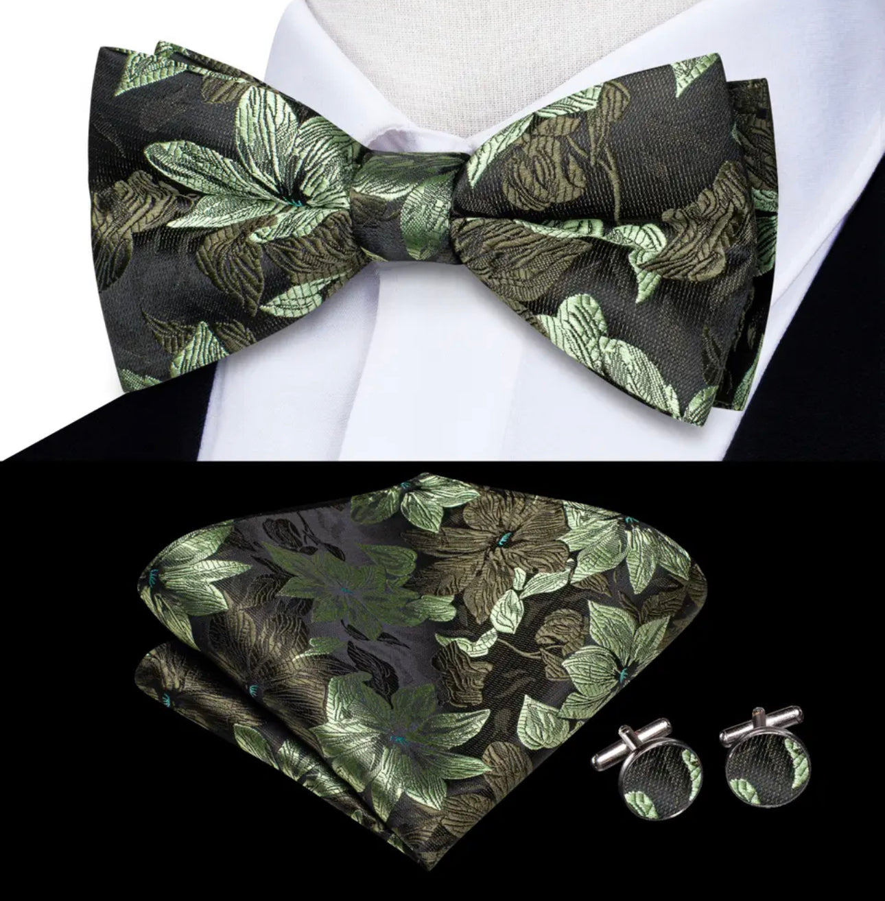 Men’s Silk Coordinated Black Bow Tie Set - Green Floral 2524