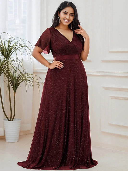 Plus Size V Neck Ribbon Waist Formal Evening Dress With Sleeves