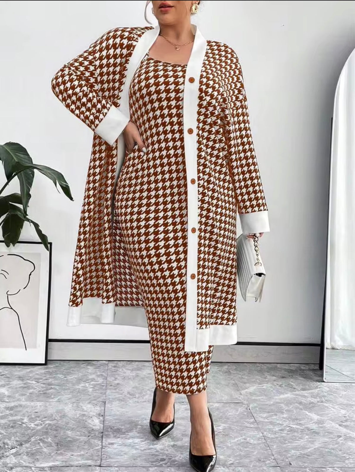 Classic Houndstooth Knit Cardigan & Dress Set - Brown/White, 3X (US 18)
