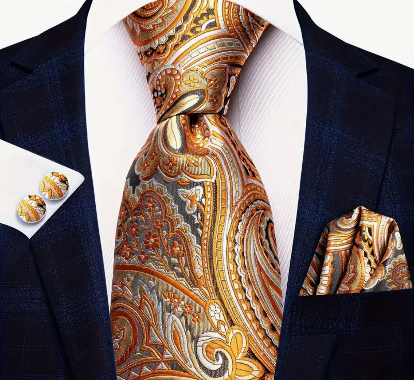 Men’s Silk Coordinated Tie Set - Gold and Beige Paisley