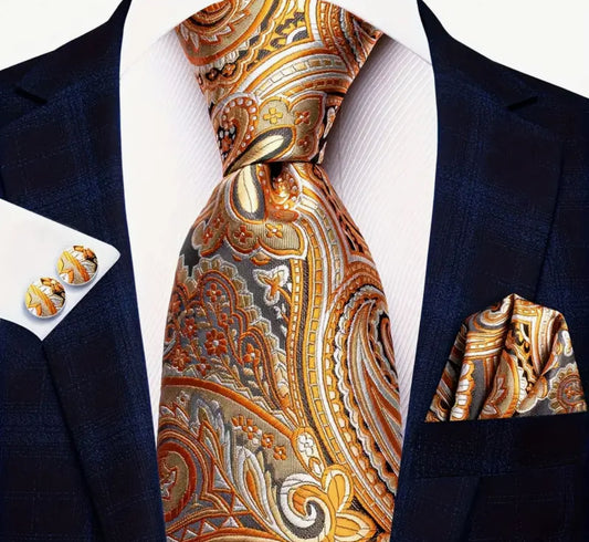 Men’s Silk Coordinated Tie Set - Gold and Beige Paisley