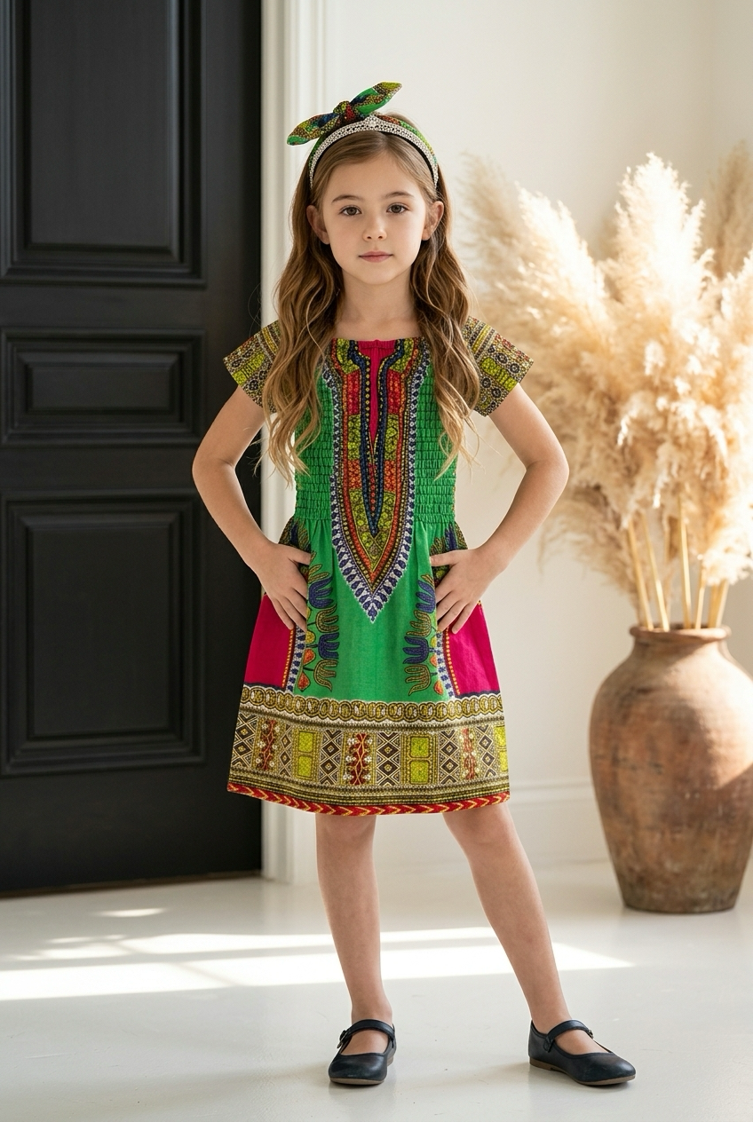 Little Girls Dashiki Dress with Coordinating Headband