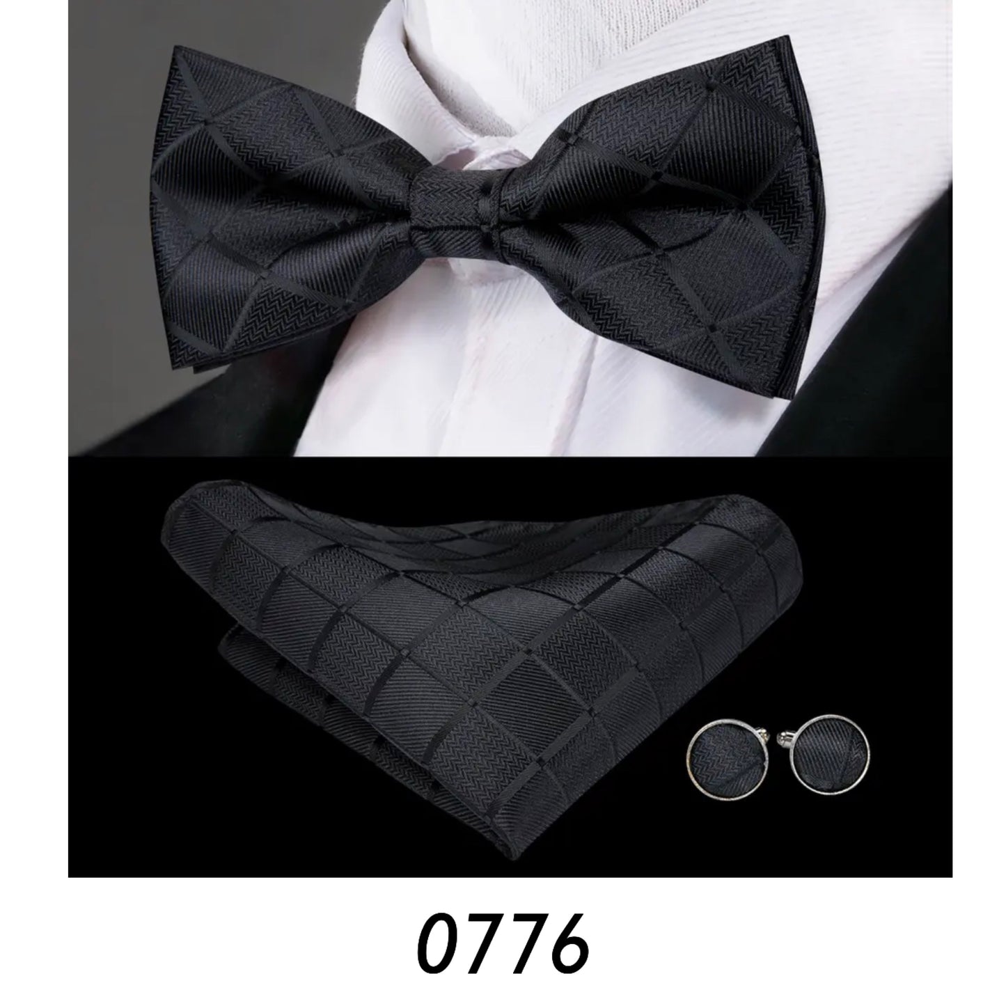 Men’s Silk Coordinated Black Bow Tie Set - Black Stripe 0776