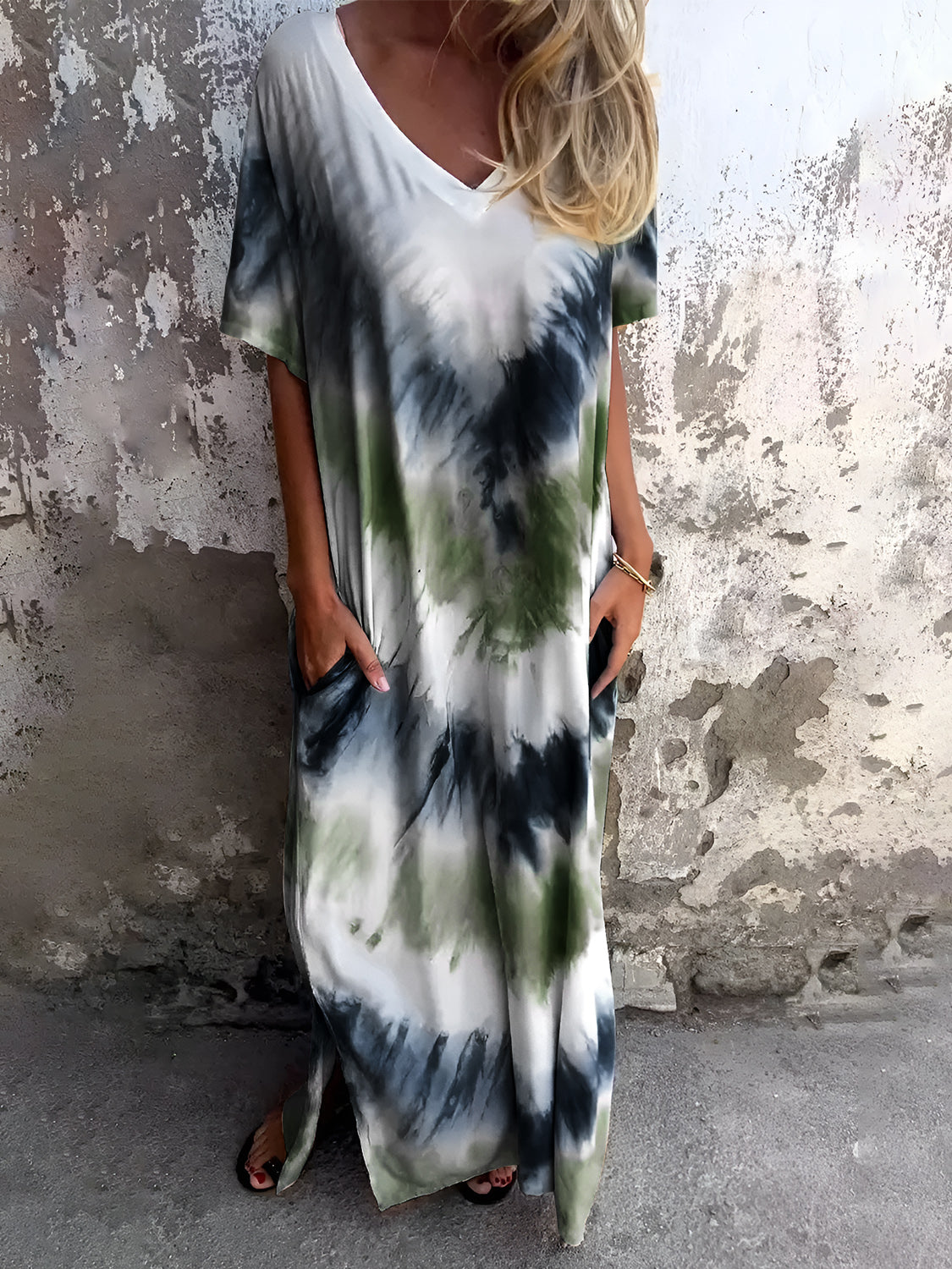 Full Size Pocketed Tie-Dye Short Sleeve Dress