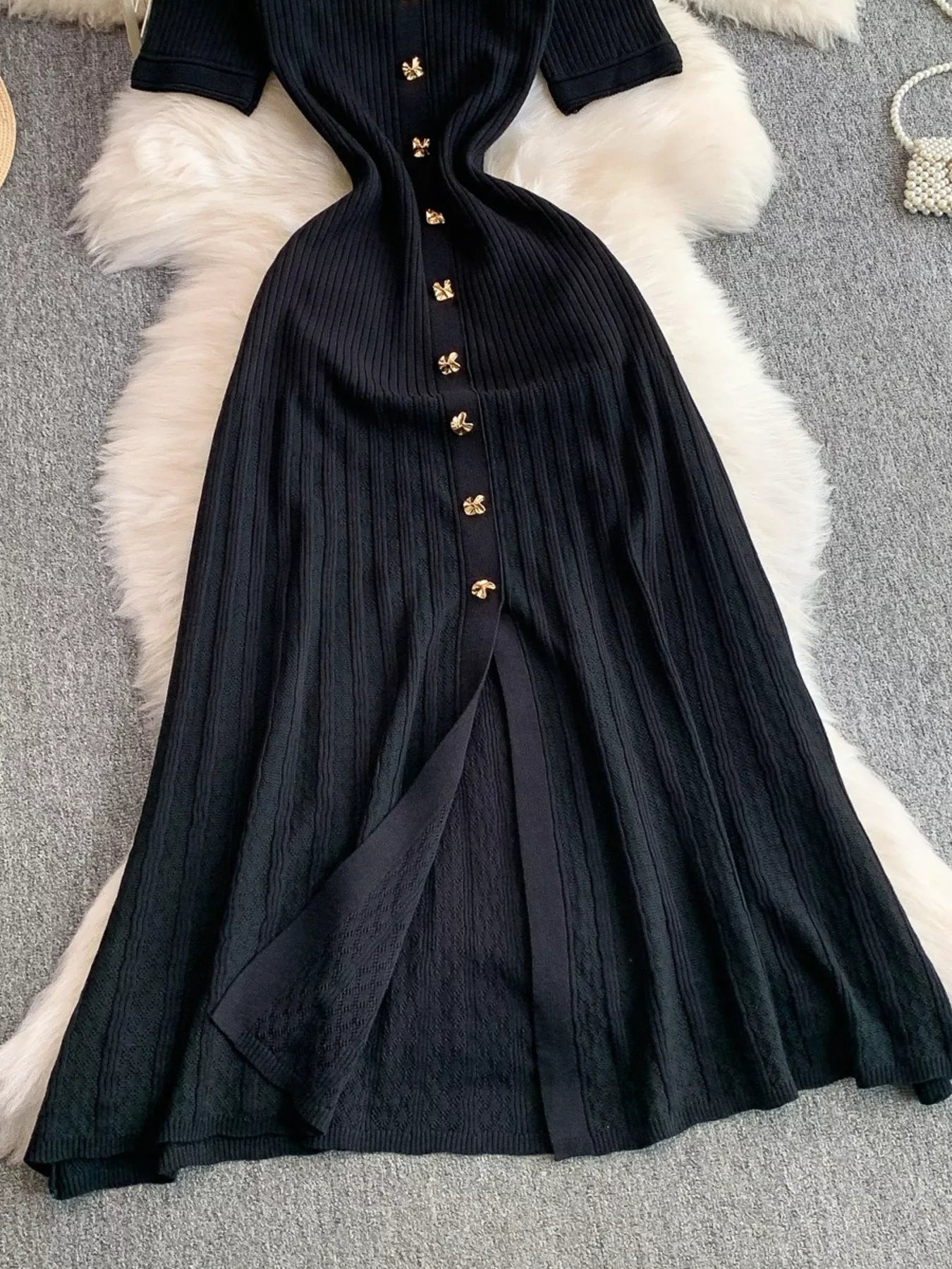 button front ribbed midi dress Black Ribbed Sweater Dress - Button-Front Dress - Midi Dress
