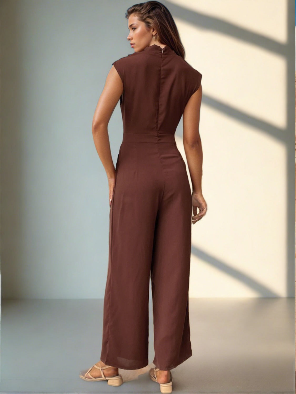 Ruched Mock Neck Sleeveless Jumpsuit - Four Color Choices