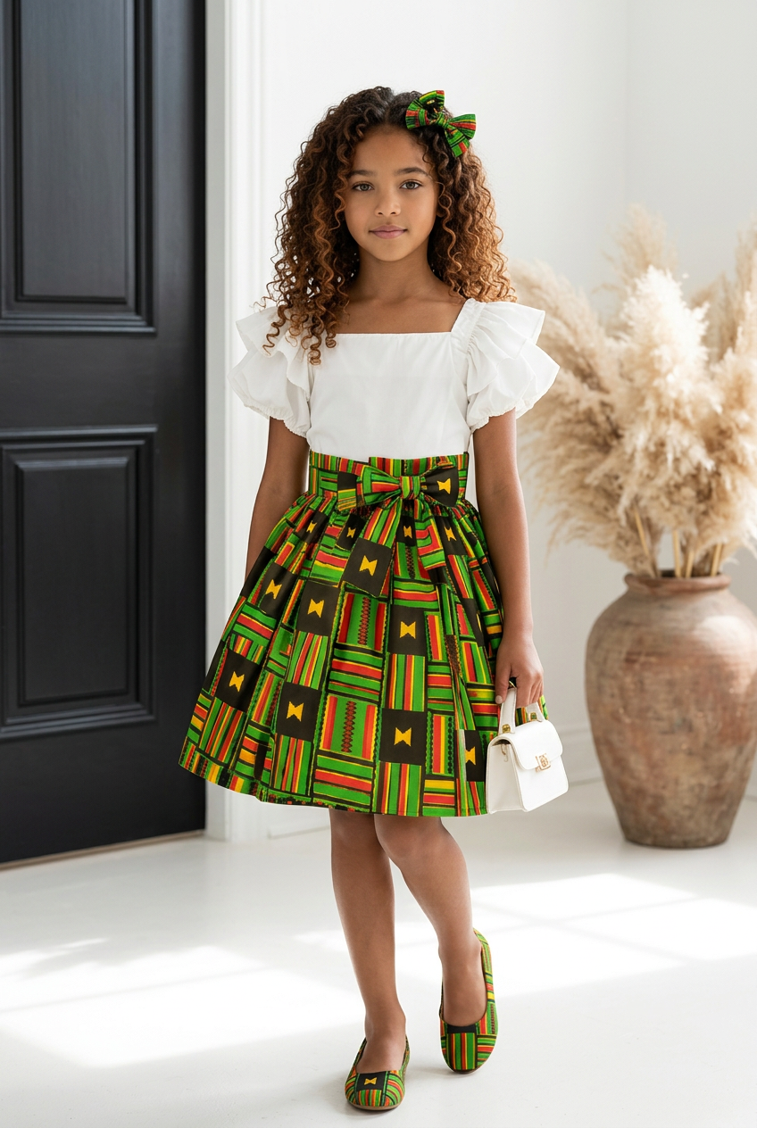 Little Girls Skirt & Head Bow Set-Kids Geen Kente K05 (Child Size 5-8)