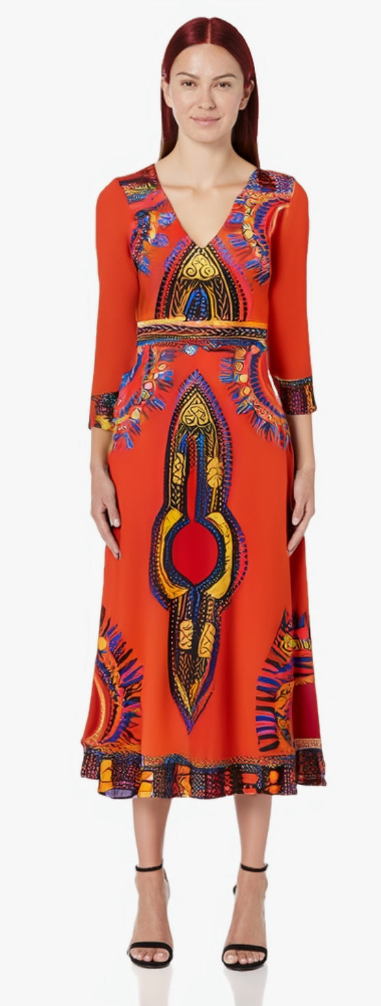 Elegant African Print Maxi Dress – Sizes S to 3XL (Orange)