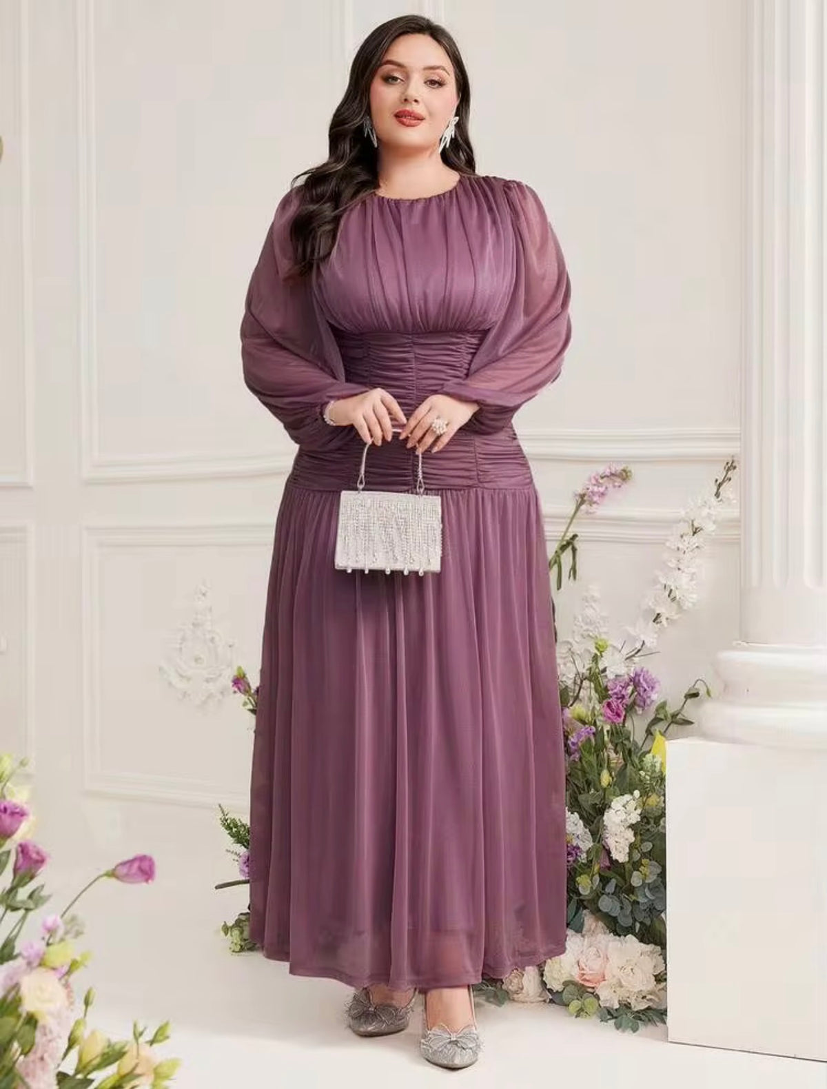 Mauve Purple Long-Sleeve Chiffon Midi Dress, 2X (US 16)
