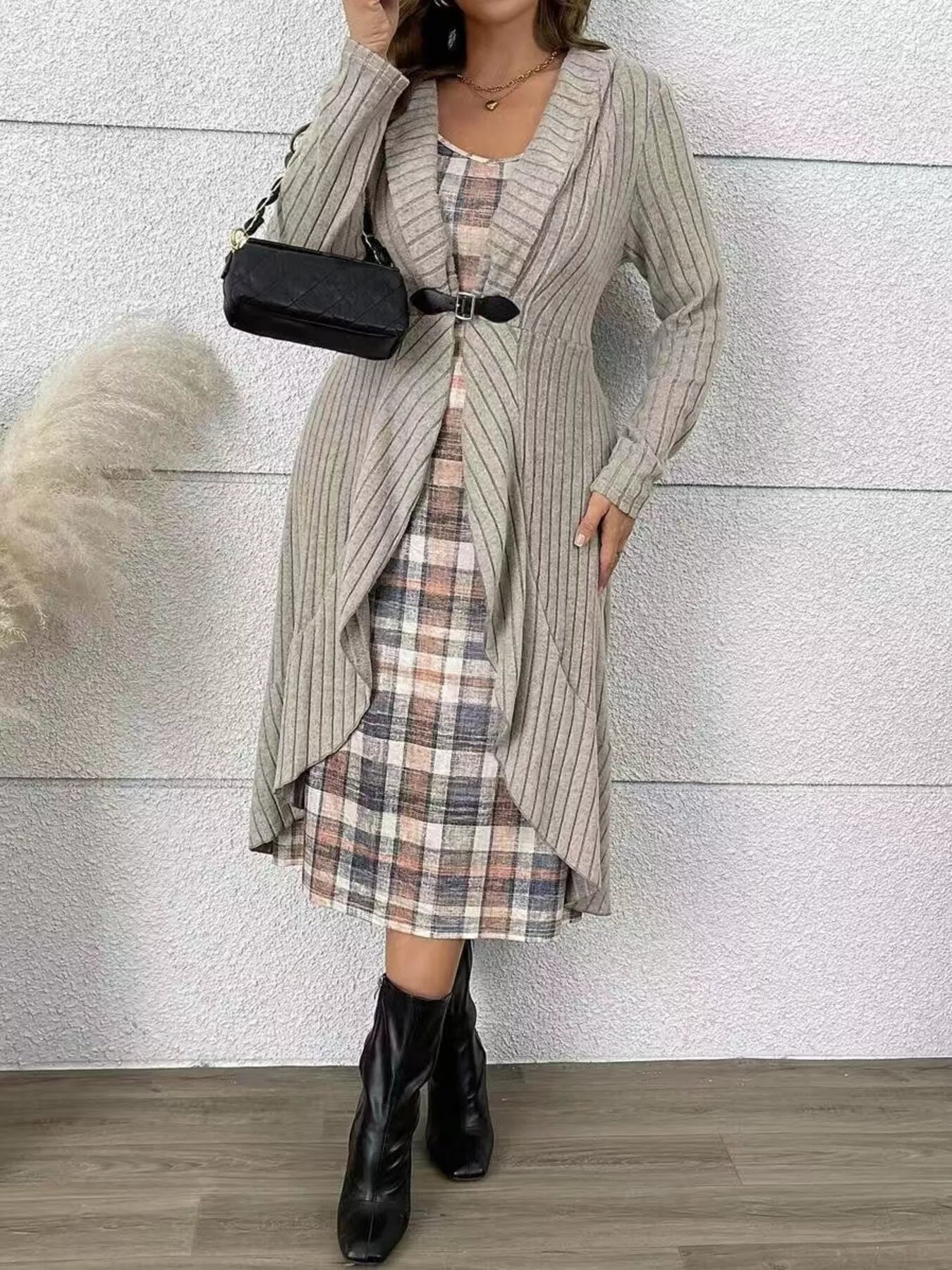 Full Size Plaid Dress & Ribbed Knit Cardigan Set Plus Size – Uylee's Boutique