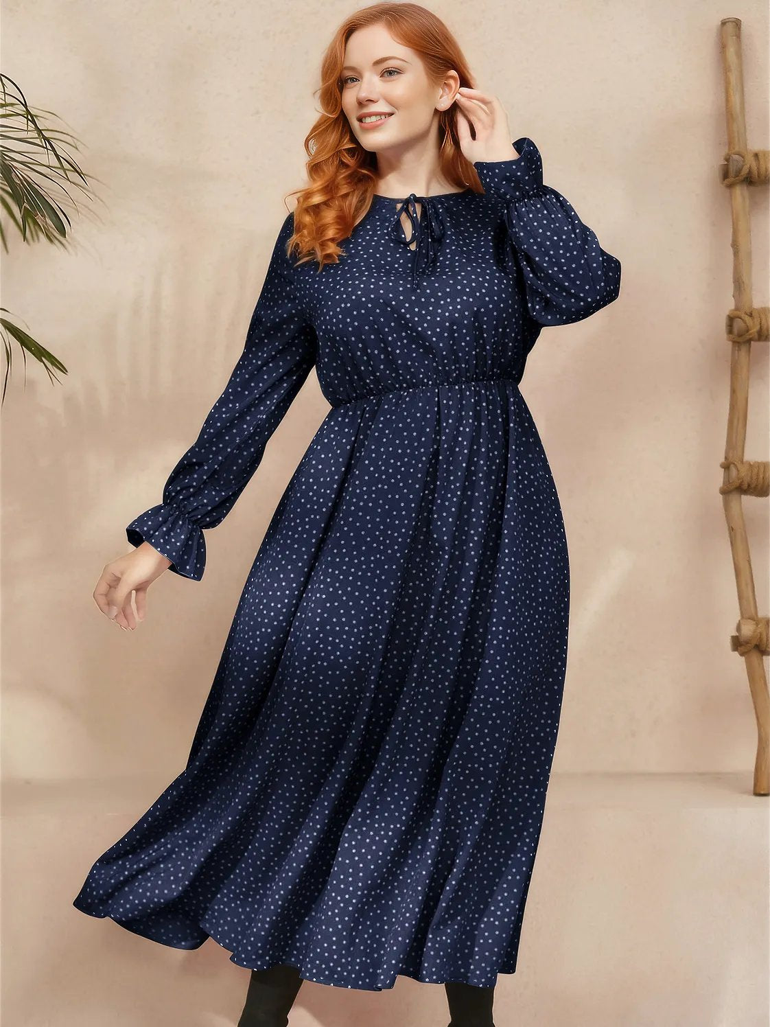 Plus Size Ruffled Polka Dot Long Sleeve Midi Dress - Three Color Choices