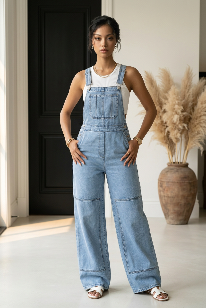 Wide Strap Wide Leg Denim Overalls
