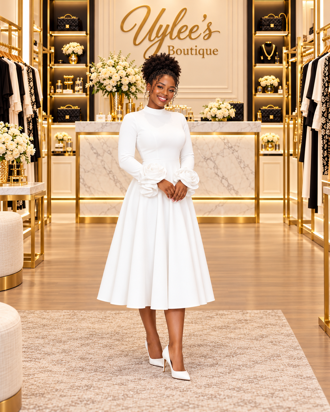 Full Size Floral Cuff Detail Long-Sleeve Midi Dress Plus Size