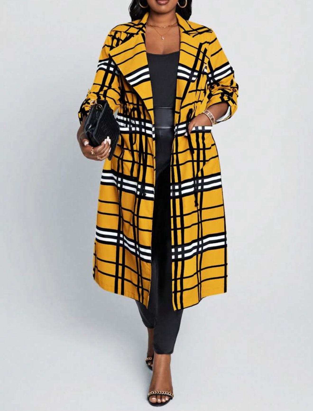 Mustard Plaid Print Long Length Cardigan, Plus Size 12 - 20