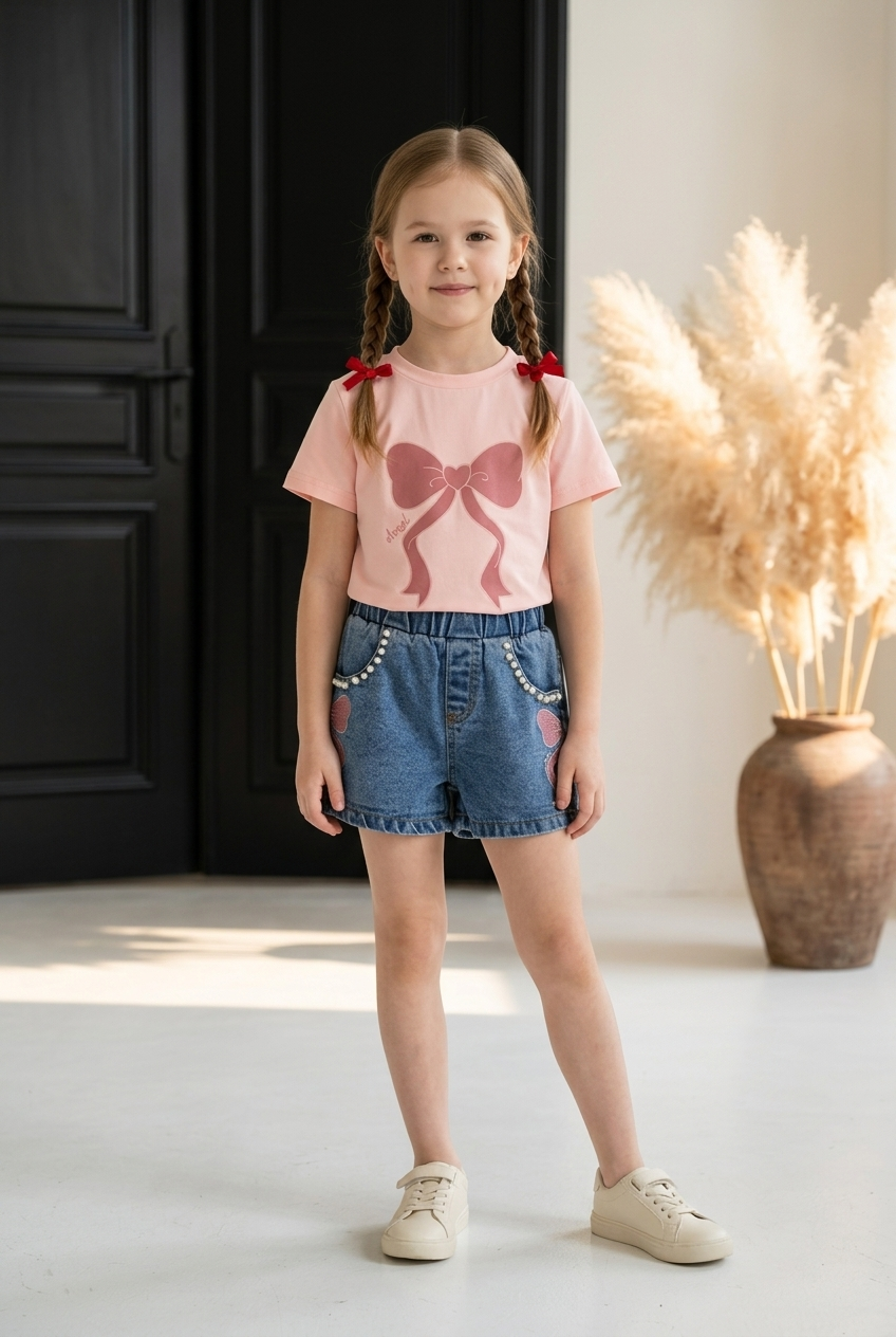 Children's Bowknot T-shirt and Denim Shorts Set