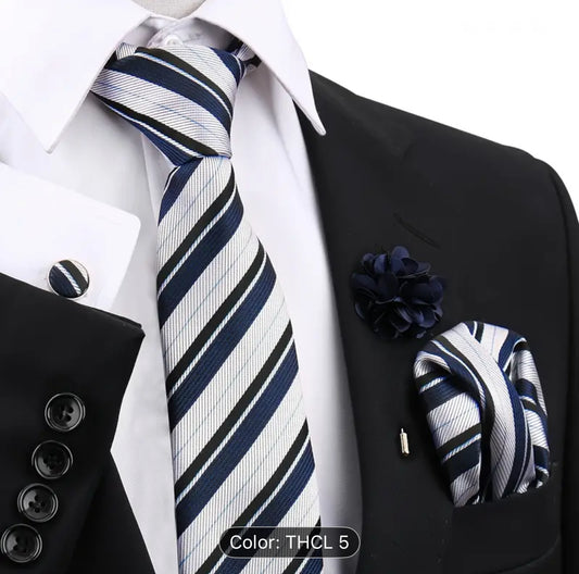 Men’s Silk Coordinated Tie Set - Black & White Striped