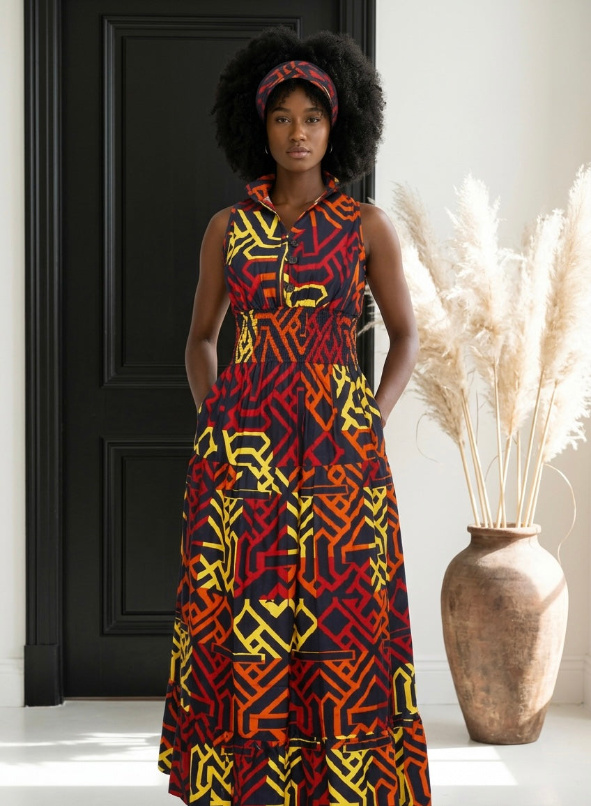 Long Smocked Dress With Scarf 5005 - 689