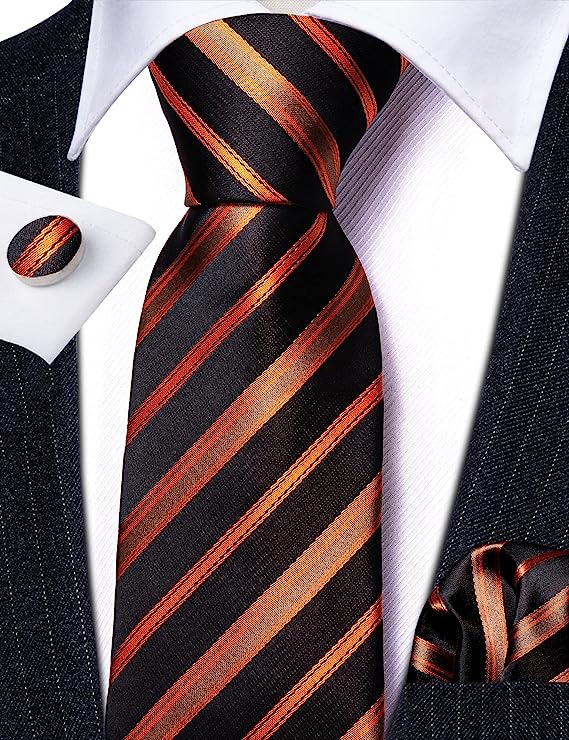 Men’s Silk Coordinated Tie Set - Orange Black Stri[pe