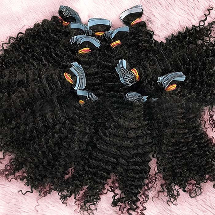 Afro-textured Kinky Curly Tape In Remy Hair Extensions #1B Natural Black