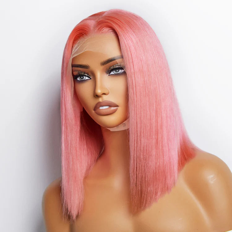 12 Inches Pre-Plucked 13"x4" #Pink Straight Bob Lace Frontal Wig 150% Density-100% Human Hair