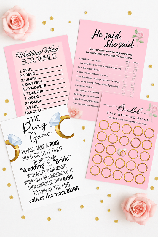 Bridal Shower Games Bundle | Printable Wedding Games | Ring Game, Wedding Word Scramble, He Said She Said, Bridal Bingo | Instant Download