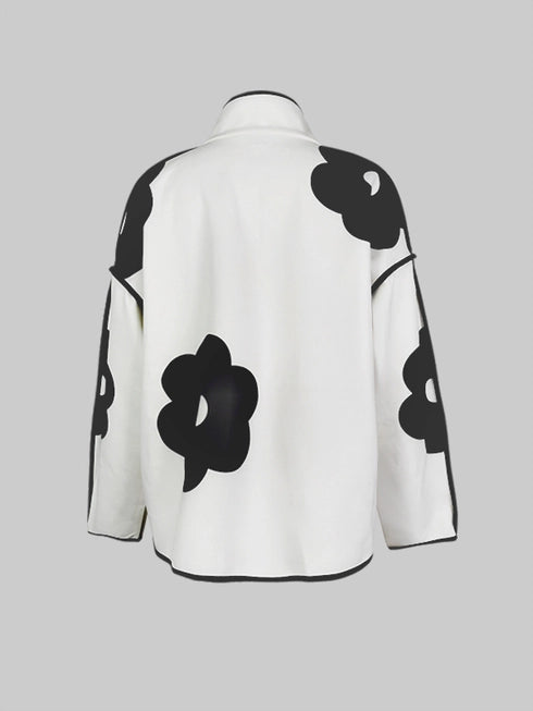 Contrast Color Flower Print Long Sleeves Loose Coat