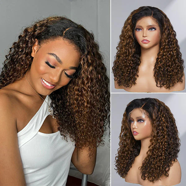 16-20 Inches 4C Edges | Kinky Edges Ombre Brown Deep Wave 13x4 Frontal HD Lace Side Part Long Wig-100% Human Hair
