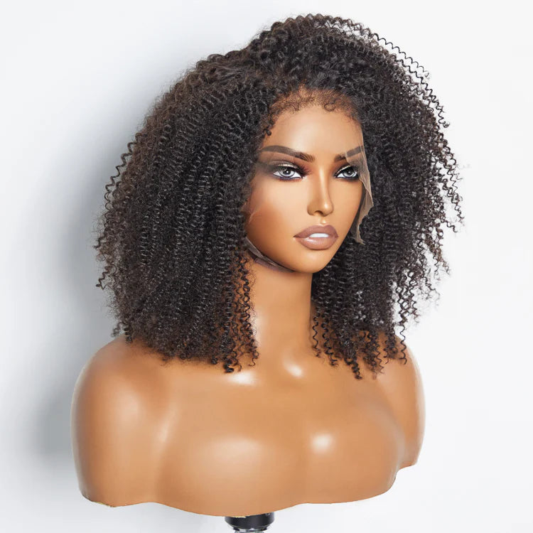 16 Inches 13"x4" Afro Kinky Curly 4C Edge Hairline #1B Lace Frontal Wig-100% Human Hair