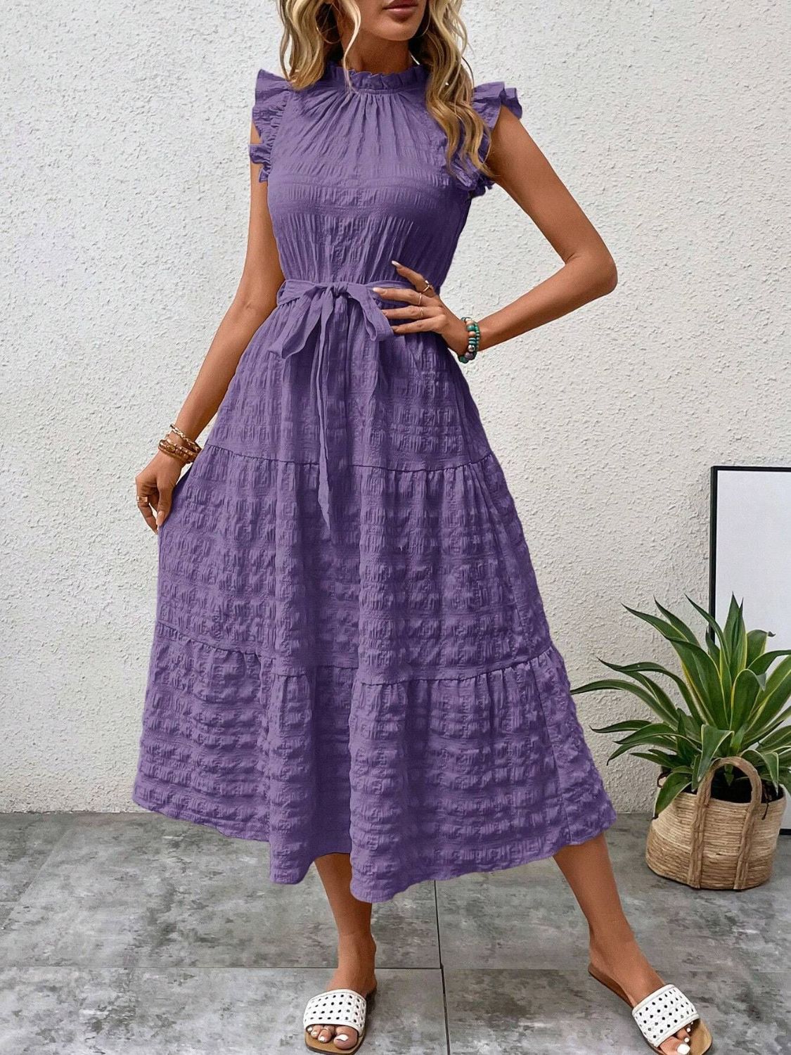 Tied Ruffled Cap Sleeve Midi Dress - 7 color choices