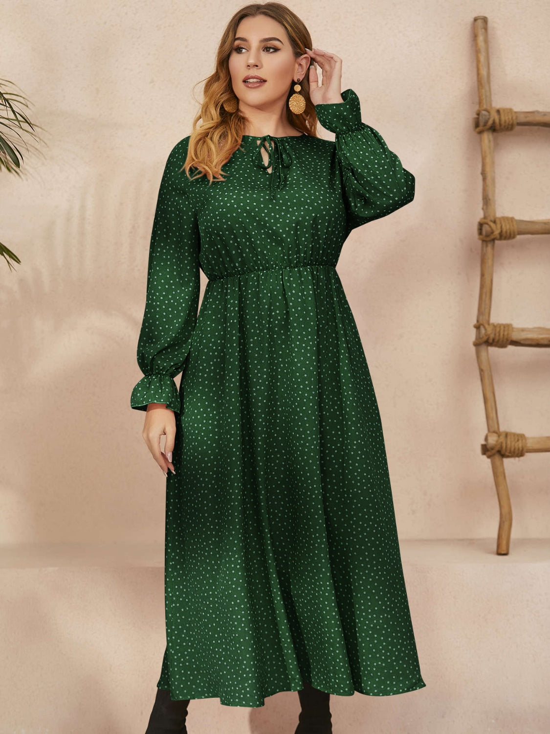 Plus Size Ruffled Polka Dot Long Sleeve Midi Dress - Three Color Choices