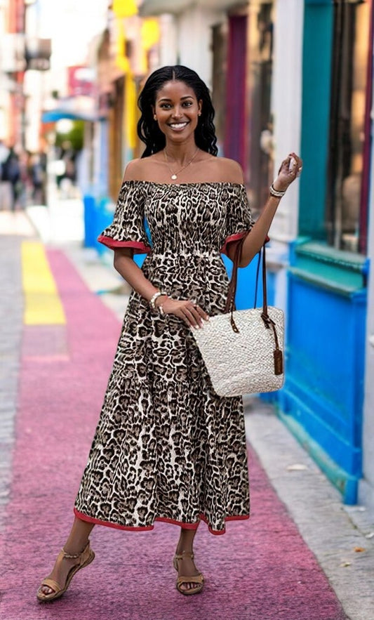 Perfee Leopard Off-Shoulder Flounce Sleeve Midi Dress